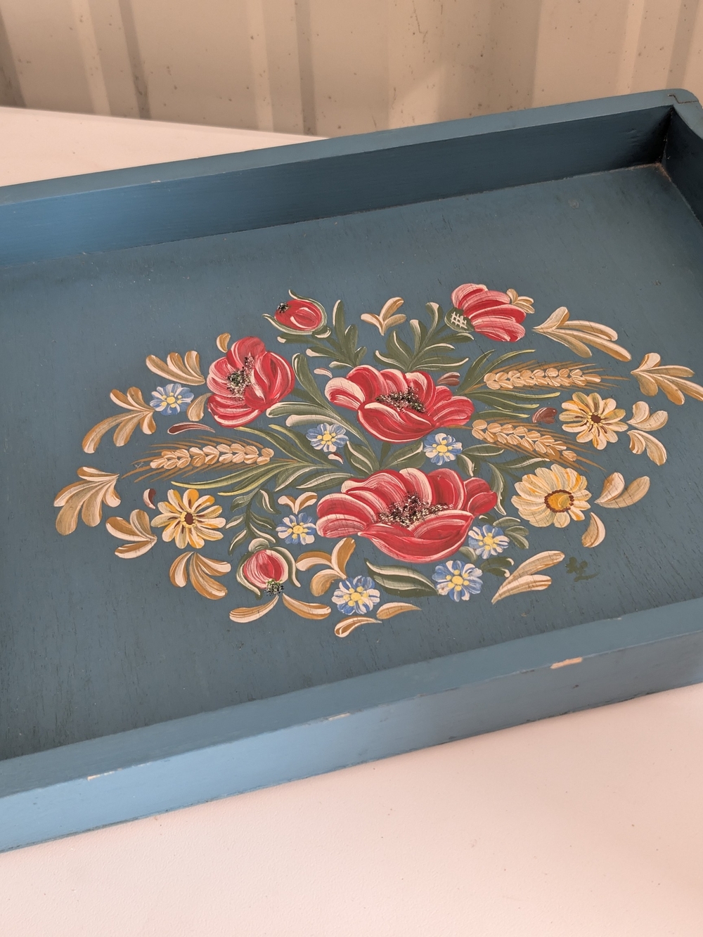 Vintage Blue Hand-Painted Floral Serving Tray